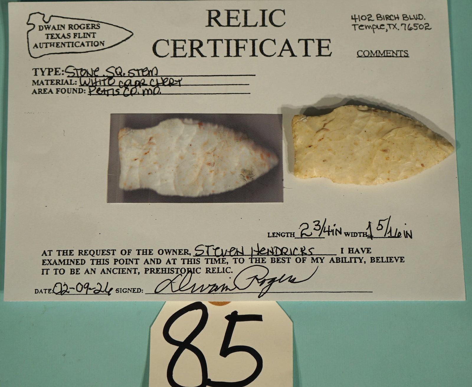 Authentic Stone Square Stemmed Spear Point Artifact Arrowhead with Dwain Rogers COA (1 of 4)