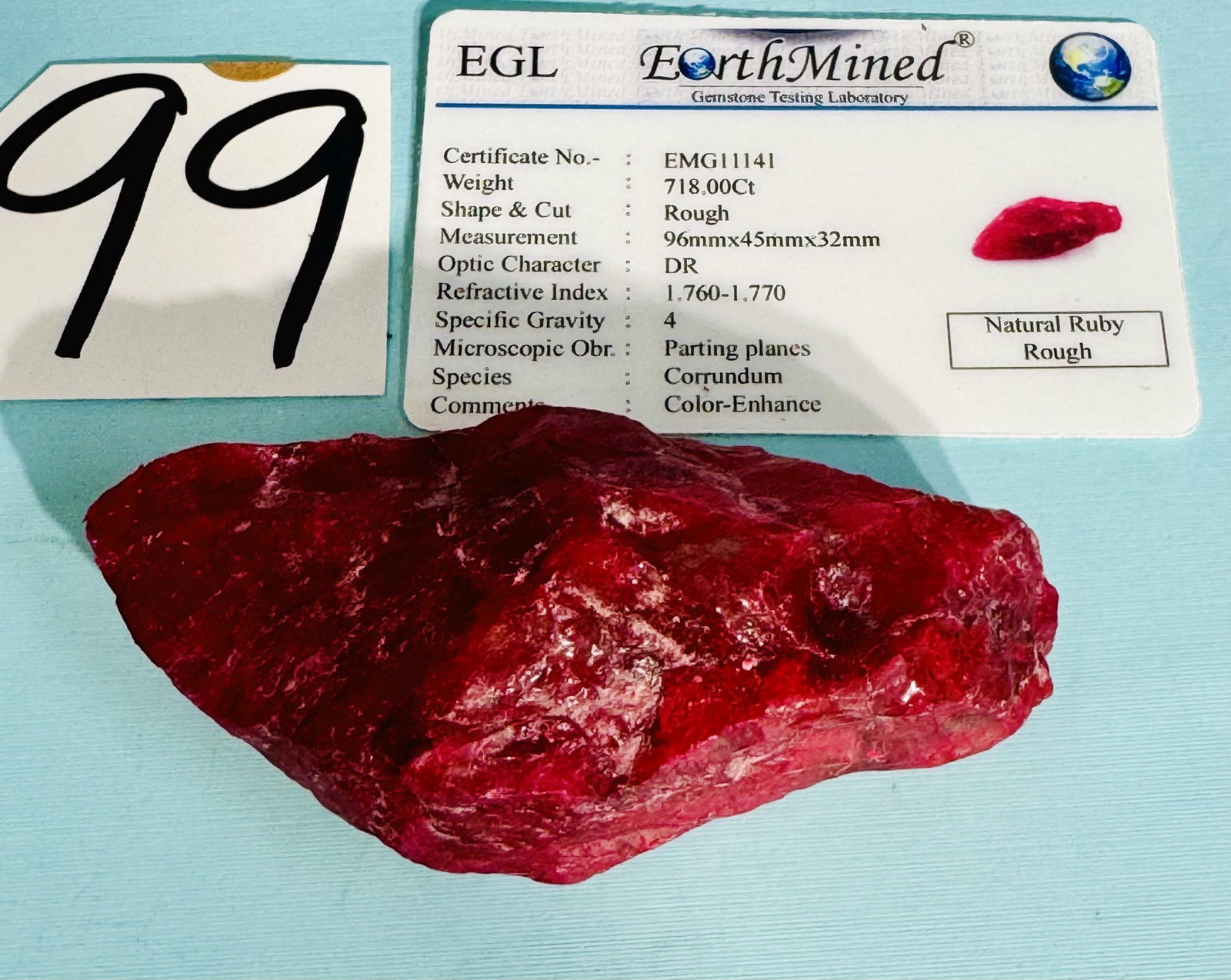 Natural Rough Uncut 718Cts. Ruby Gemstone from Mozambique with COA Card (1 of 5)