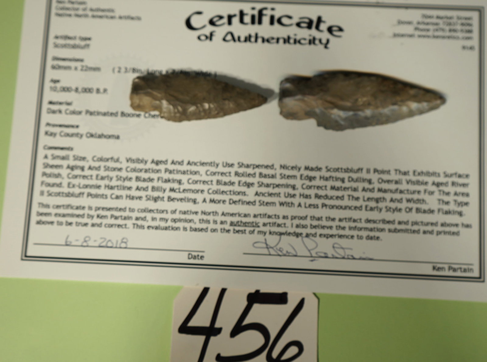 Authentic Trans-Paleo Scottsbluff Knife Artifact Arrowhead with Ken Partain COA: This nice Scotty was recovered from Kay County, Oklahoma. It was made from Patinated Boon Chert during the Late Paleo to Early Archaic Periods. It was well used, and re-sharpened several times. This t