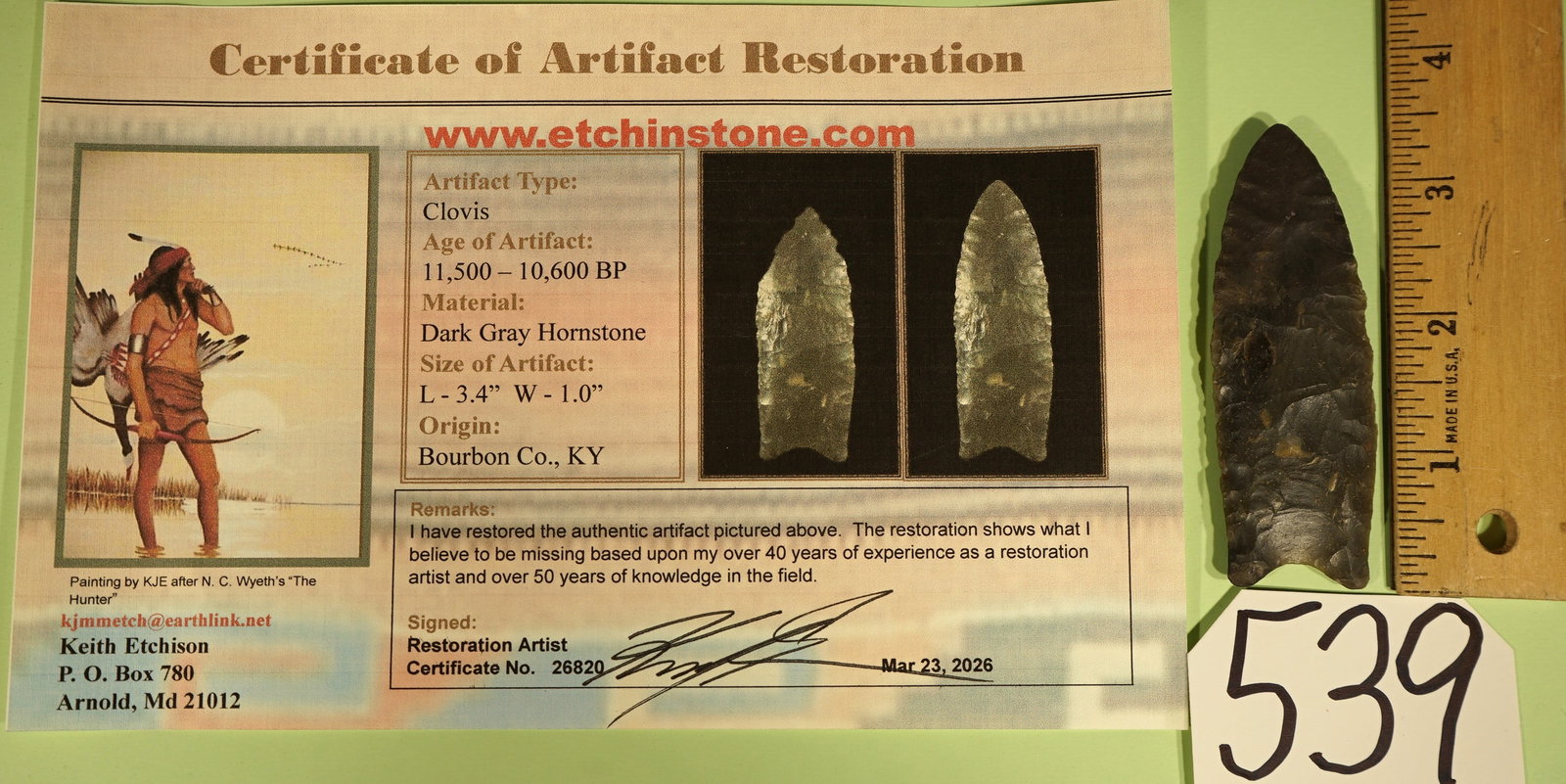 Authentic Double Fluted Paleo Clovis Point Indian Artifact Arrowhead: This Clovis Point was verified by two of the top five Authenticators in the Country, but we did not have time before the Auction to have it papered. What slowed us down was having the tip restored, as