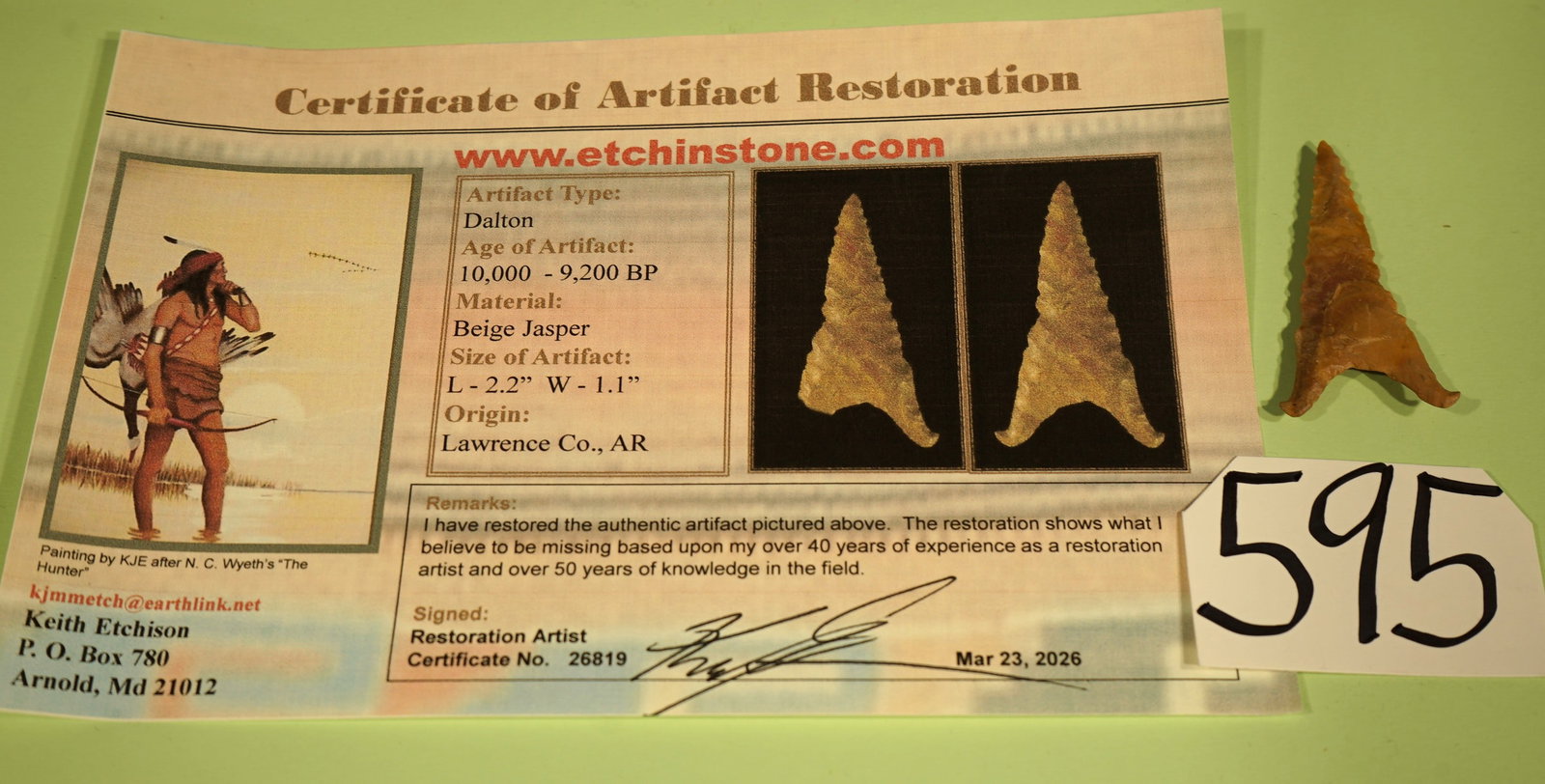 Authentic Early Archaic Dalton Point Indian Artifact Arrowhead: This pretty Dalton Point was recovered from Lawrence County, Arkansas. One ear, or leg was restored that was found missing when the Point was recovered. This one was formed from beautiful beige colore