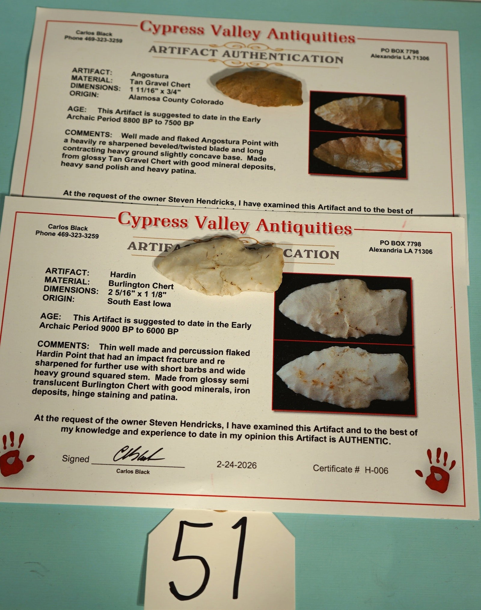 Two Authentic Early Archaic Arrowheads with Carlos Black COA's (1 of 4)