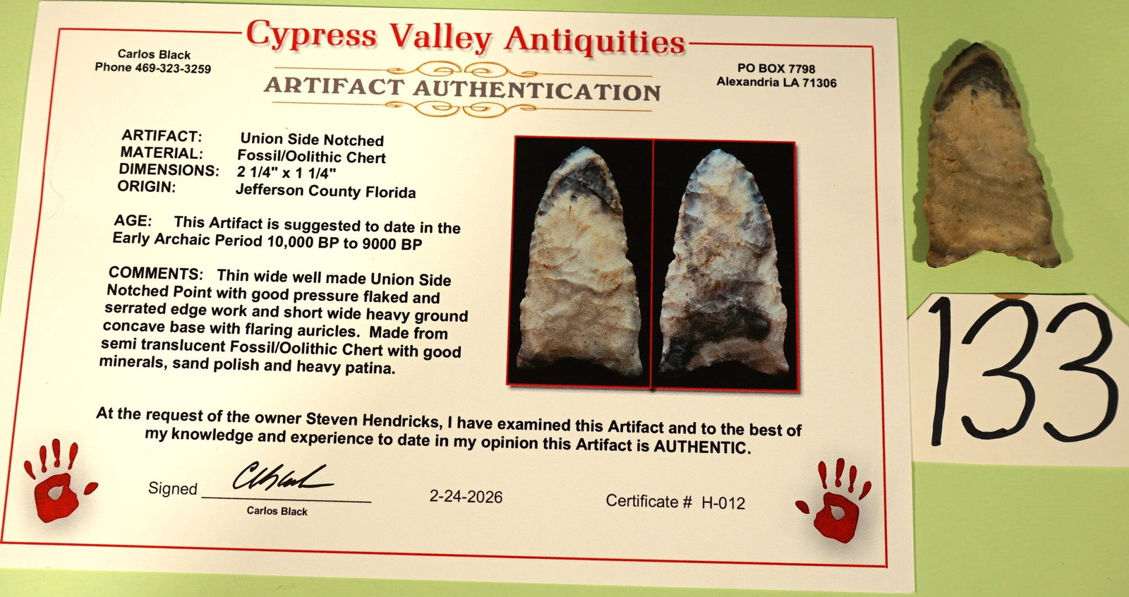 Authentic Paleo Union Side Notch Spear Point Artifact Arrowhead with Carlos Black COA (1 of 4)