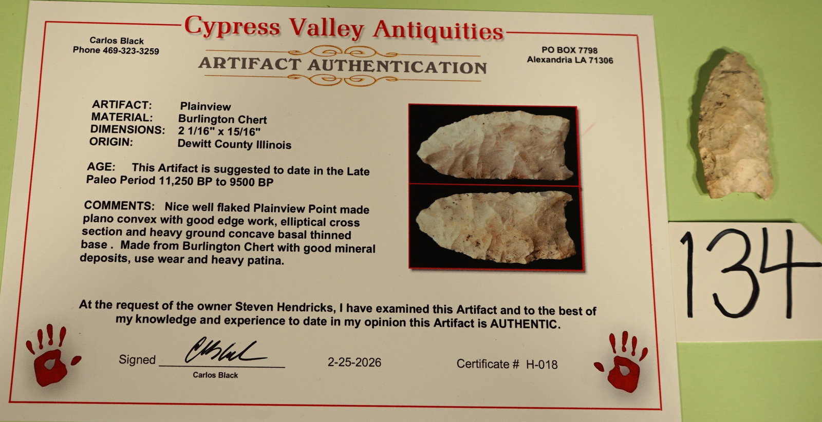 Authentic Paleo Plainview Spear Point Artifact Arrowhead with Carlos Black COA (1 of 3)
