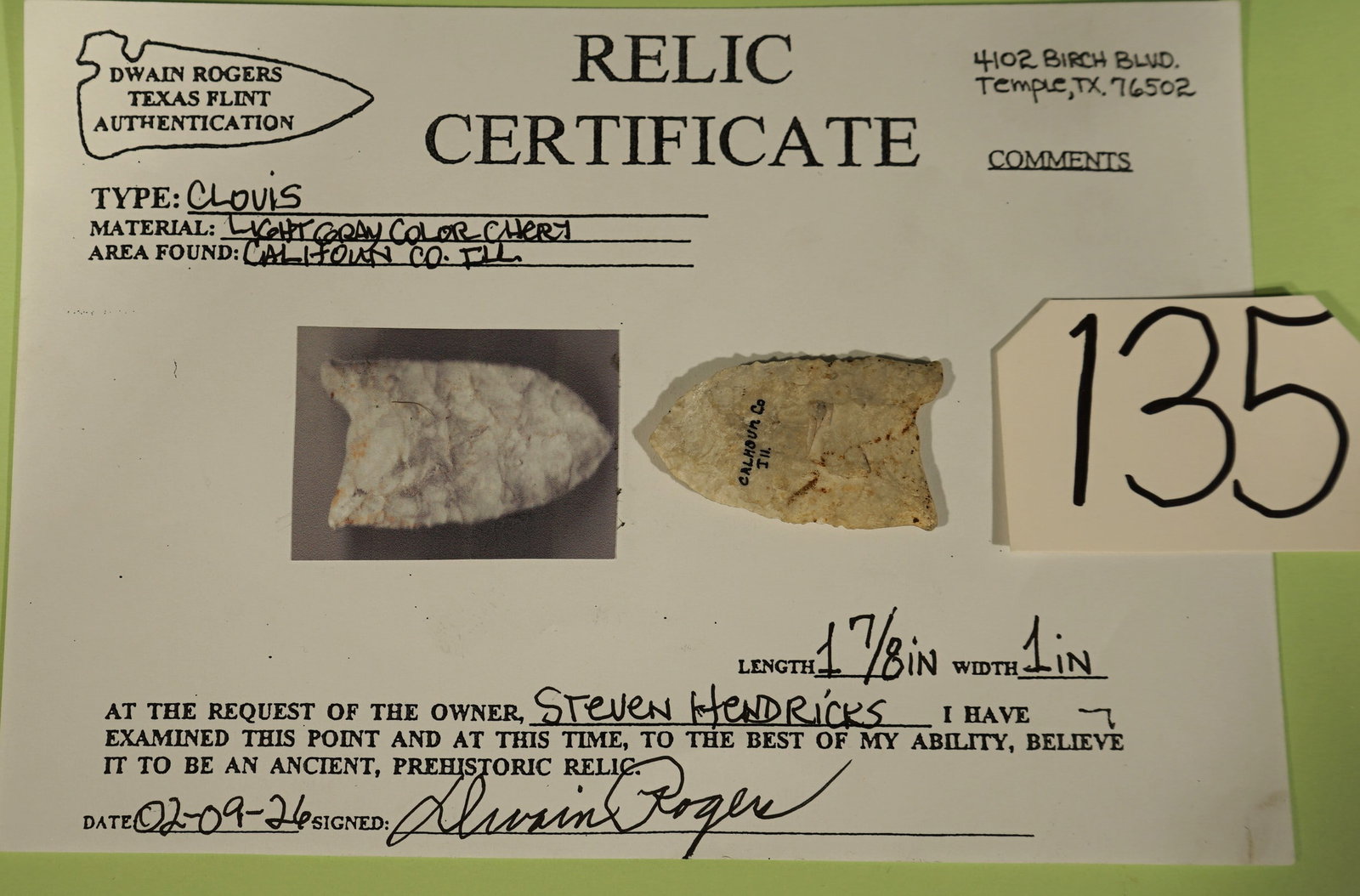 Paleo Clovis Point Artifact Arrowhead with Dwain Rogers COA (1 of 3)