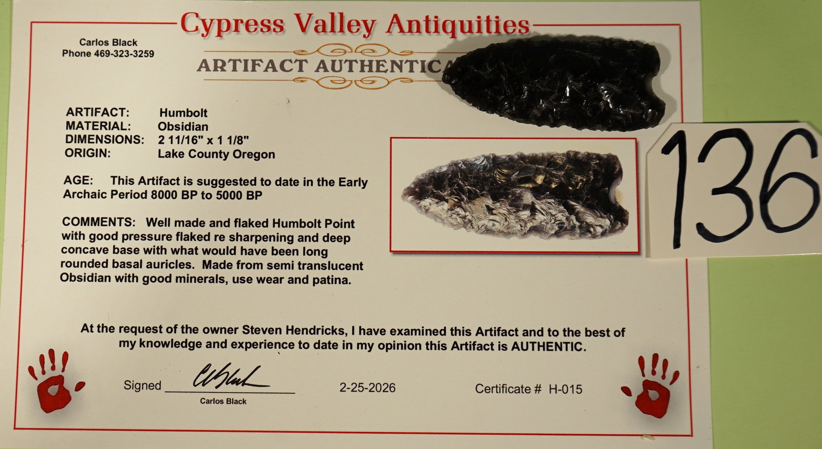 Humboldt Basal Notch Artifact Arrowhead with Carlos Black COA (1 of 5)