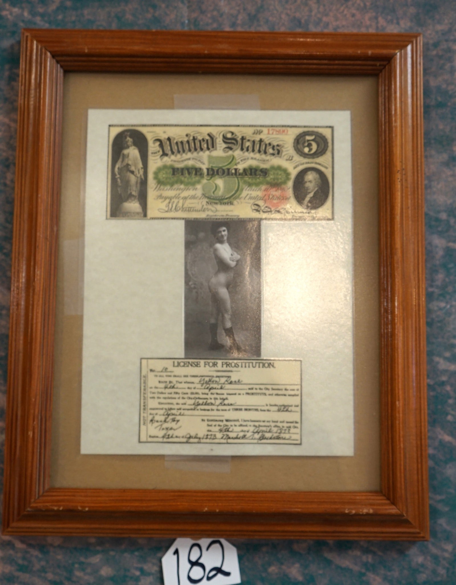 High Quality Copy of Old Prostitution License: This is an exact and quality copy of a Old West Prostitution License, that is nicely framed for display. This one is for Yellow Rose, signed by Marshall Blackstone, from Round Top, Texas, in April of 