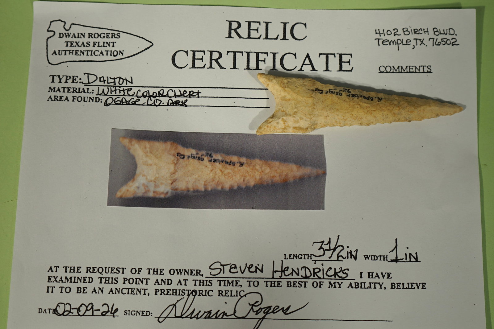 Authentic 3 1/2" Dalton Point Arrowhead Artifact with Dwain Rogers COA (1 of 4)