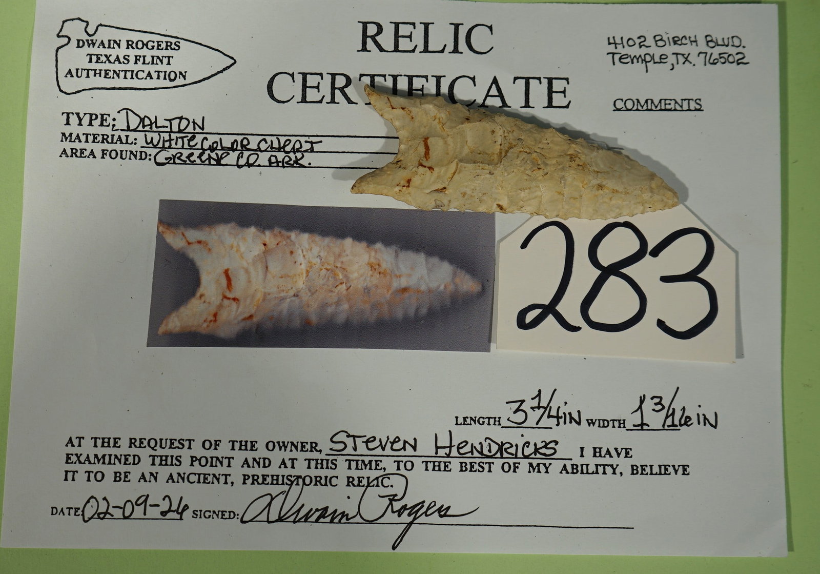 Authentic Dalton Spear Point Indian Artifact Arrowhead with Dwain Rogers COA: This Point was recovered from Greene County, Arkansas. It is nicely fluted, and heavily serrated. This is an exceptional Point, that would grace any Collector's collection.