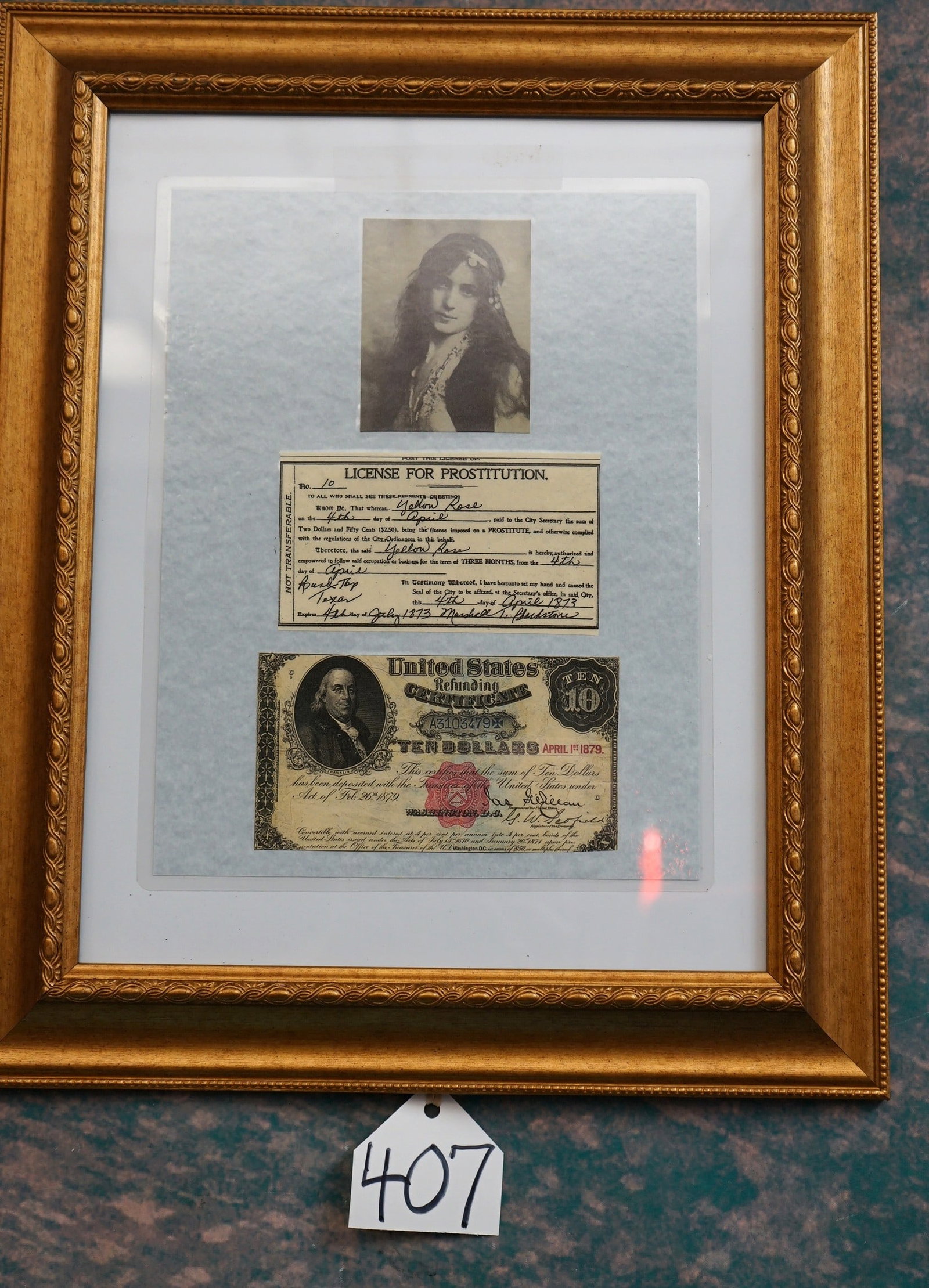 High Quality Copy of Framed Old West Prostitution License: This is an exact high quality copy of the original License for Miss Yellow Rose. It's signed by Marshall Blackstone of Round Top, Texas; in April of 1873. This was the way things were at that time, an