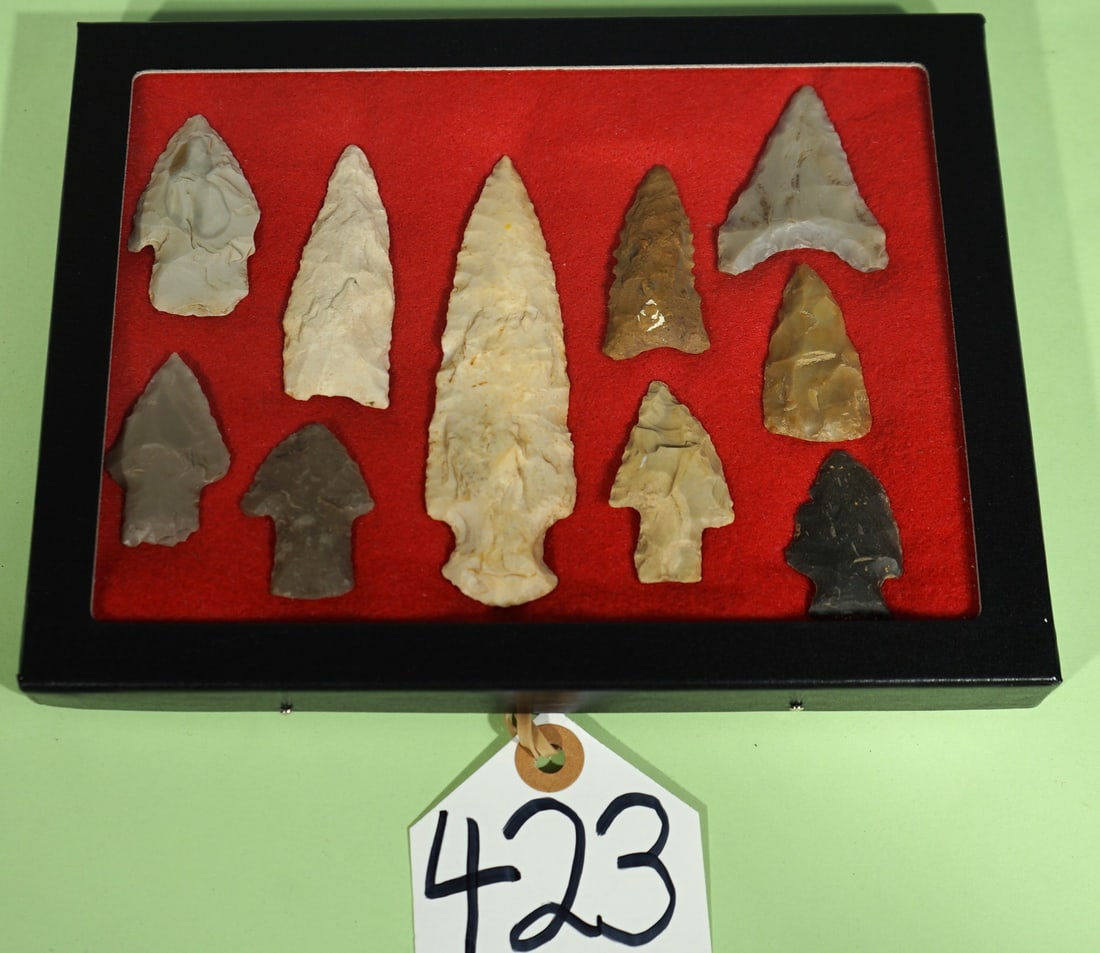 (10) Authentic Archaic Woodland Period Spear Points & Arrowheads in Artifact Display Case (1 of 3)