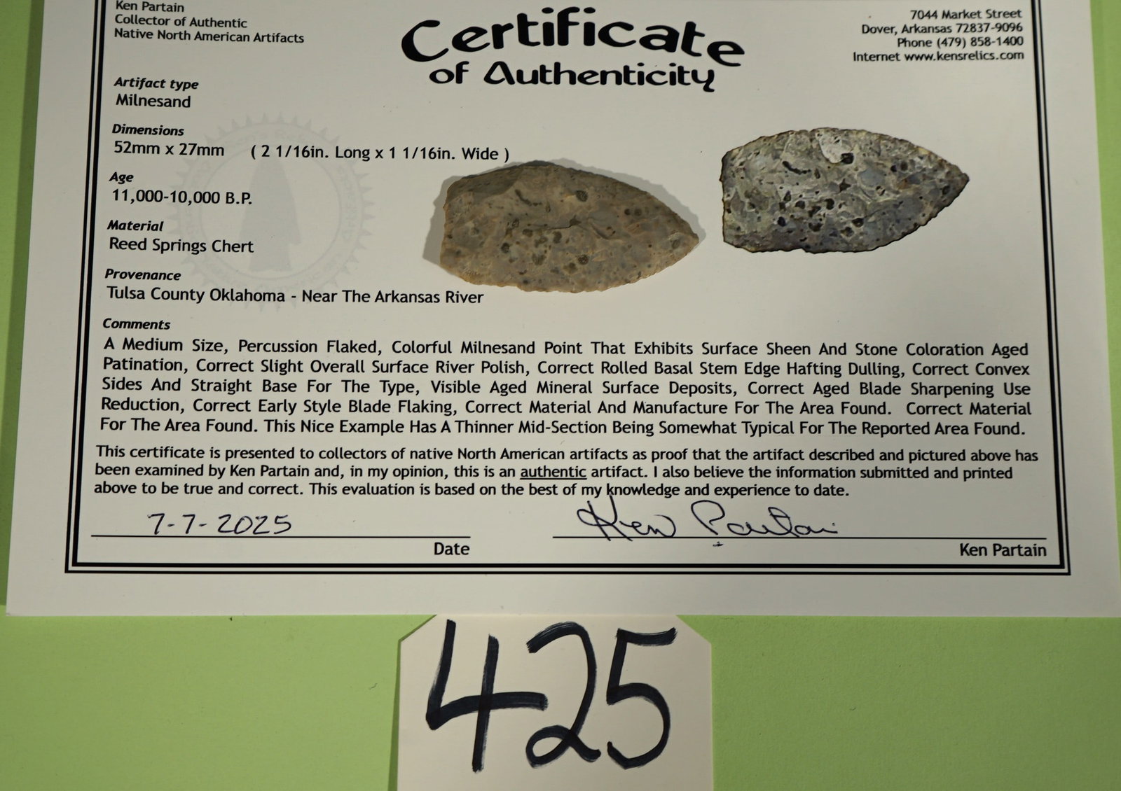 Authentic Paleo Milnesand Point Arrowhead with Ken Partain COA (1 of 3)