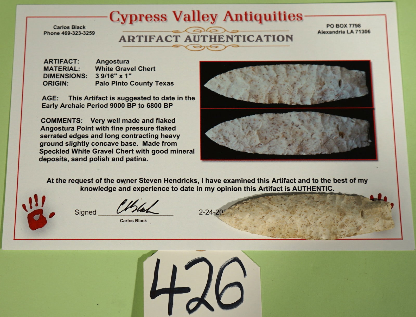 Authentic Early Archaic Angostura Point Arrowhead Artifact with Carlos Black COA (1 of 3)