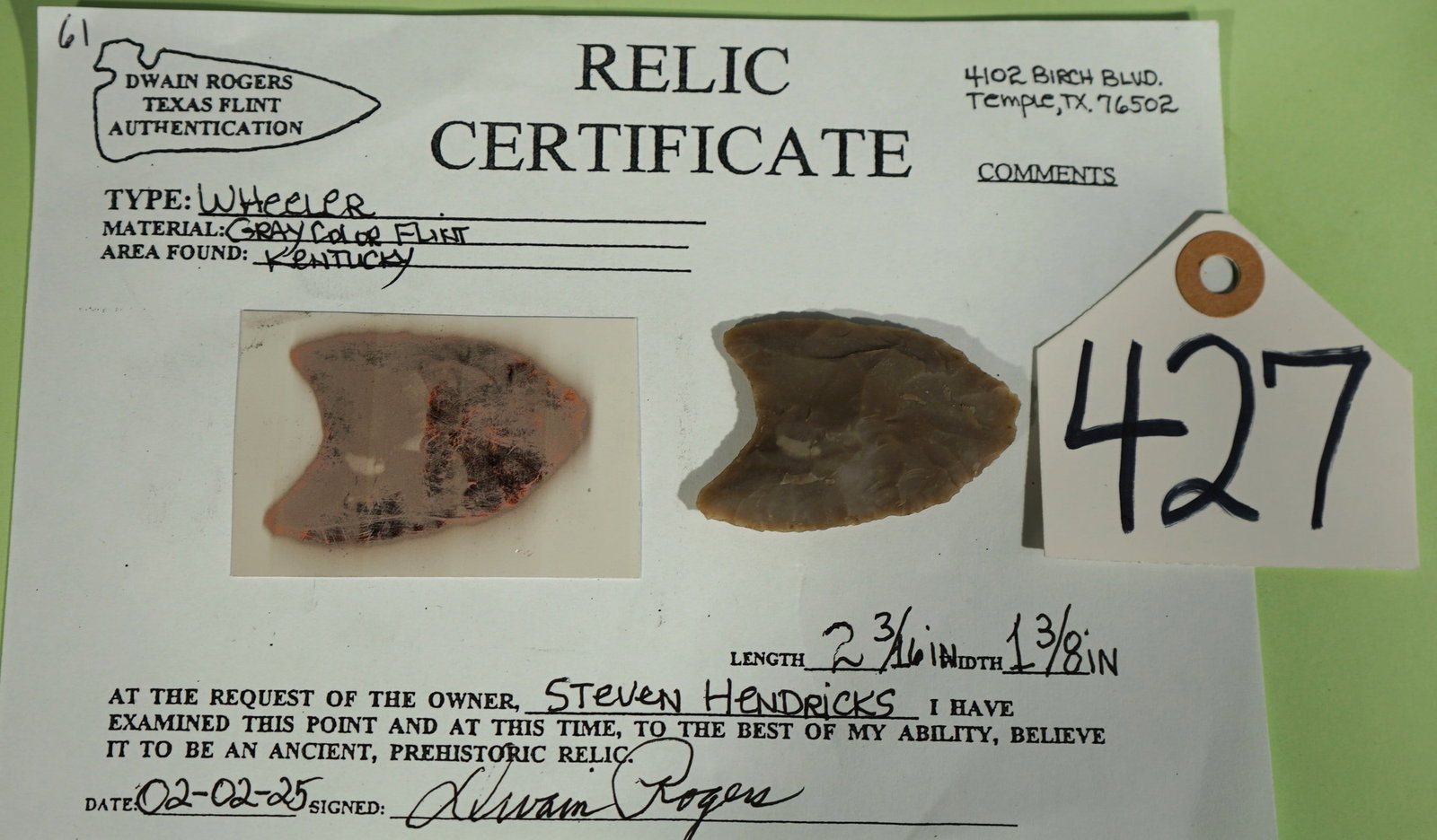 Authentic Paleo Wheeler Point Artifact Arrowhead with Dwain Rogers COA (1 of 2)