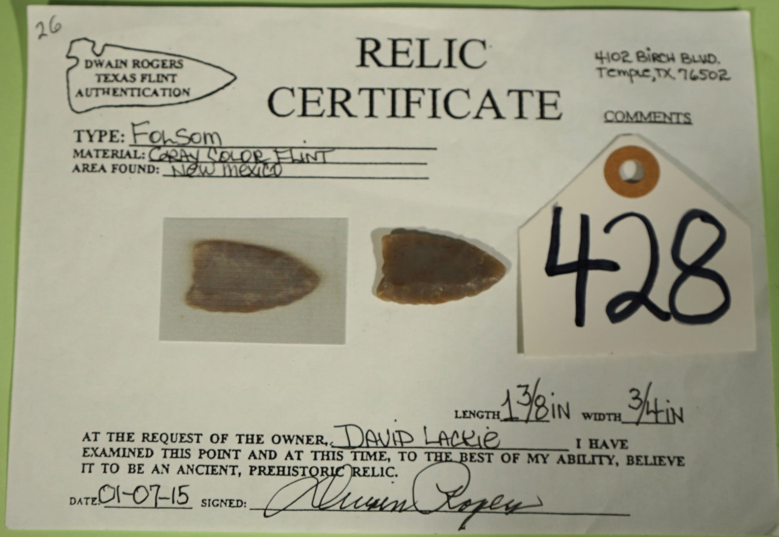 Very Rare! Authentic Double Fluted Paleo Folsom Point Artifact Arrowhead with Dwain Rogers COA: Folsom Points are the most highly desired of all Indian Artifacts by Collector's. This double fluted Folsom Point will only go up in value. It is a Collector's centerpiece, and a Museum Quality item t