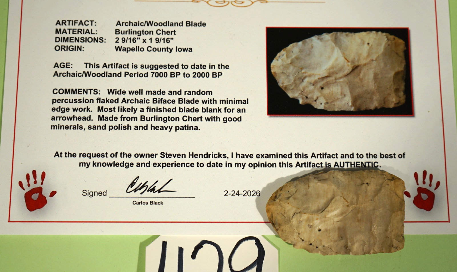 Authentic Archaic Woodland Blade Artifact Arrowhead with Carlos Black COA (1 of 3)
