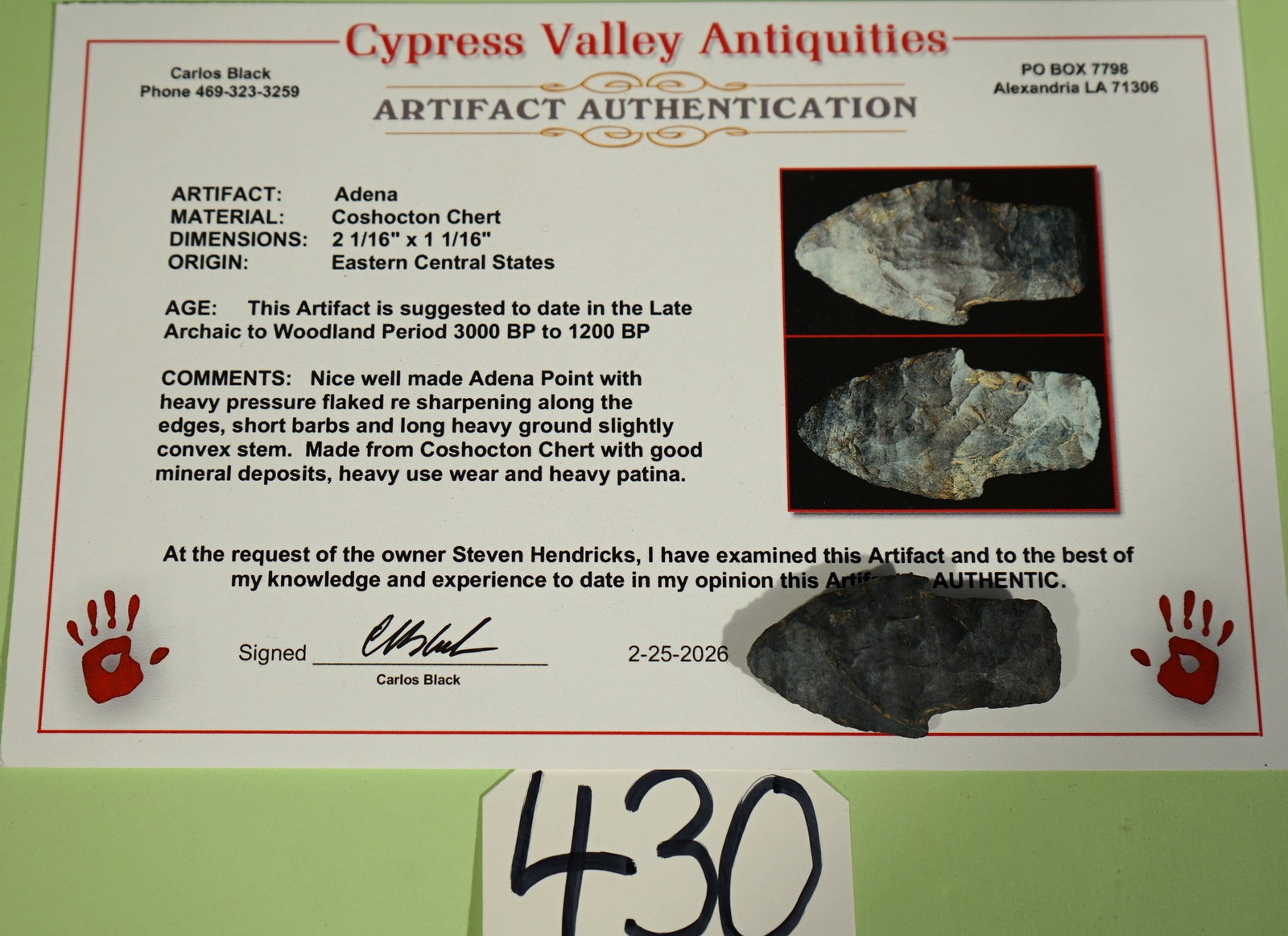 Authentic Archaic Adena Arrowhead with Carlos Black Artifact COA (1 of 3)