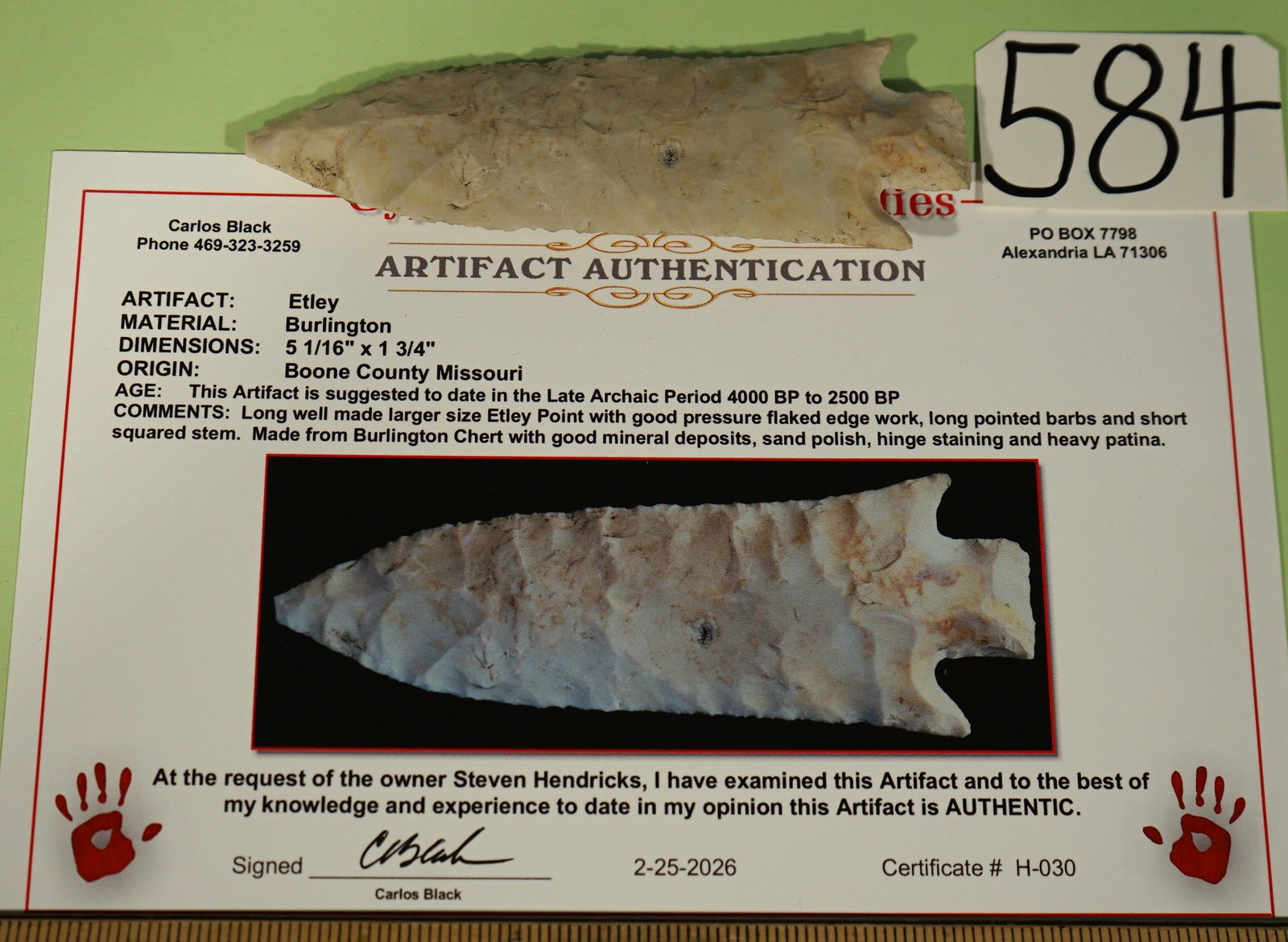 5 1/16" Authentic Archaic Etley Spear Point Artifact Arrowhead with Carlos Black COA (1 of 5)