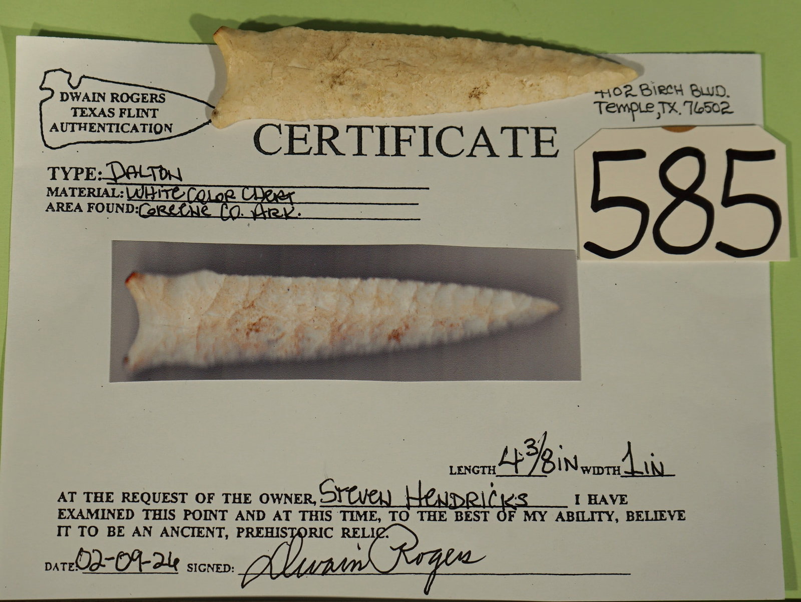 4 3/8" Authentic Dalton Spear Point Artifact Arrowhead with Dwain Rogers COA (1 of 4)