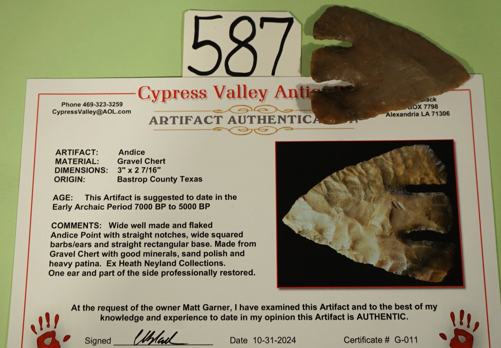 Very Rare Andice Spear Point Artifact Arrowhead with Carlos Black COA (1 of 4)