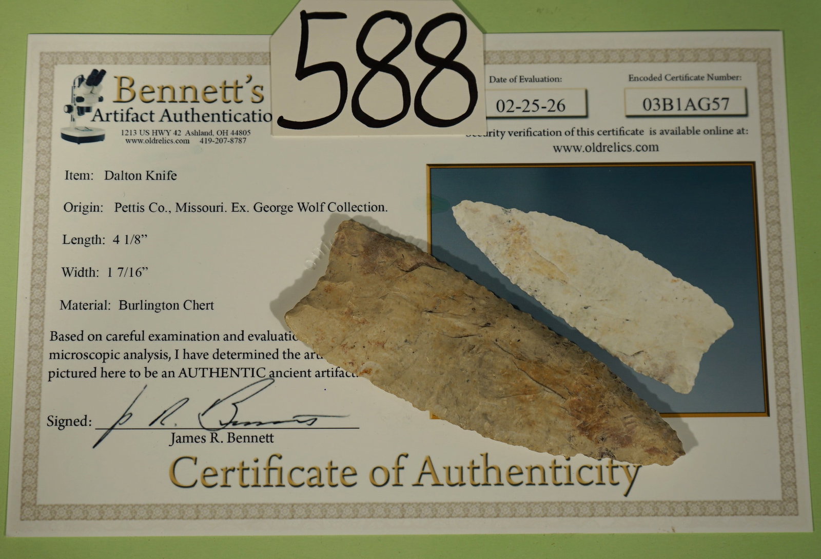 Authentic 4 1/8" Dalton Knife Artifact Arrowhead with Jim Bennett COA (1 of 3)