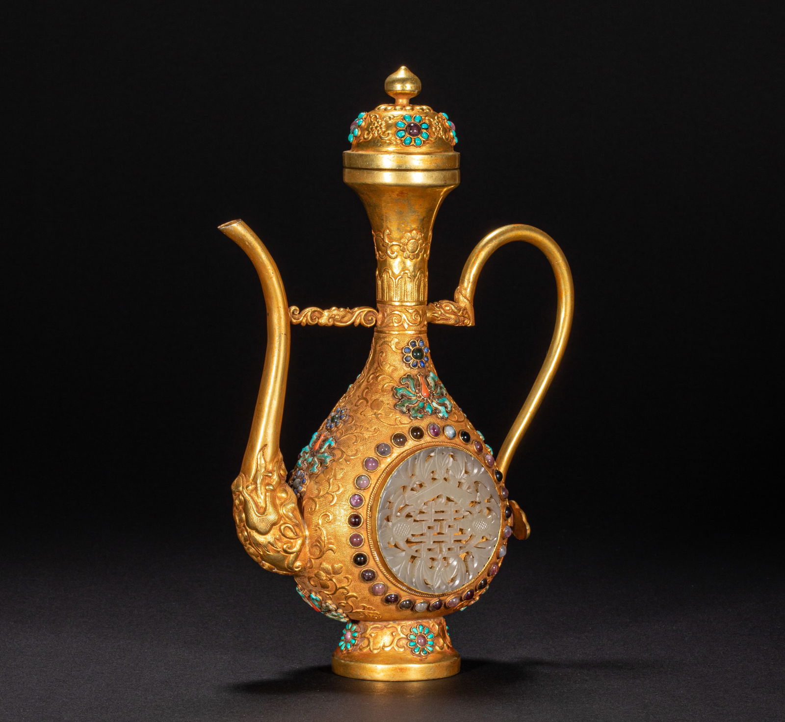 Ming Dynasty pure gold inlaid Hetian jade multi-treasure handling pot (1 of 11)