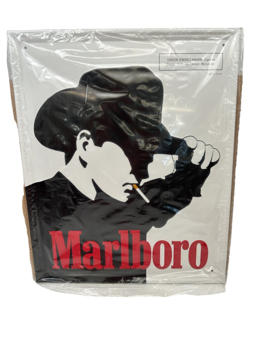 Philip Morris Tacker Metal Sign 1997 Marlboro Man: New in box. Still in plastic. 21.5 x 17.5 inches. I opened sealed box to take pictures.