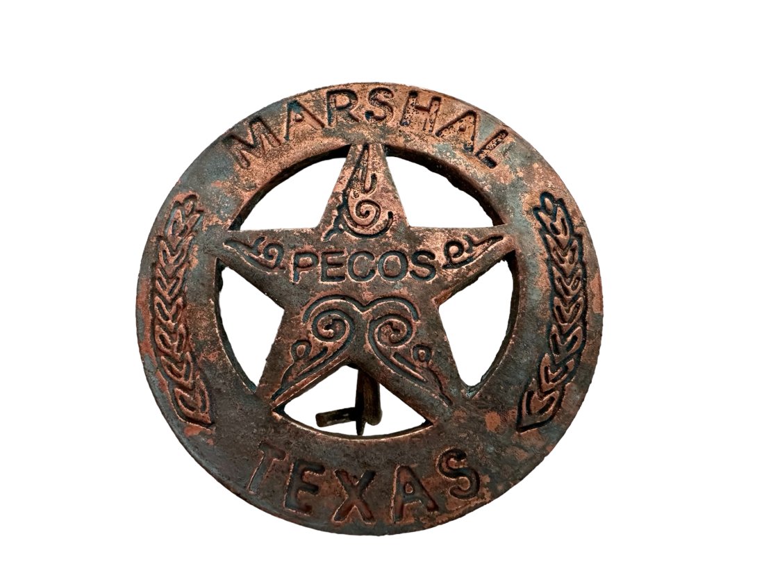 Marshall Pecos Texas Metal Badge Pinback: Measures 1 5/8th inches across. Looks tarnished and used.