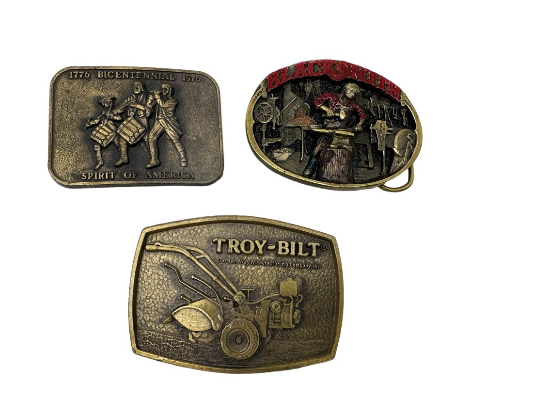 Lot of 3 Brass Belt Buckles ~ Blacksmith ~ Troy Bilt ~ 1776 Bicentennial: Good condition.
