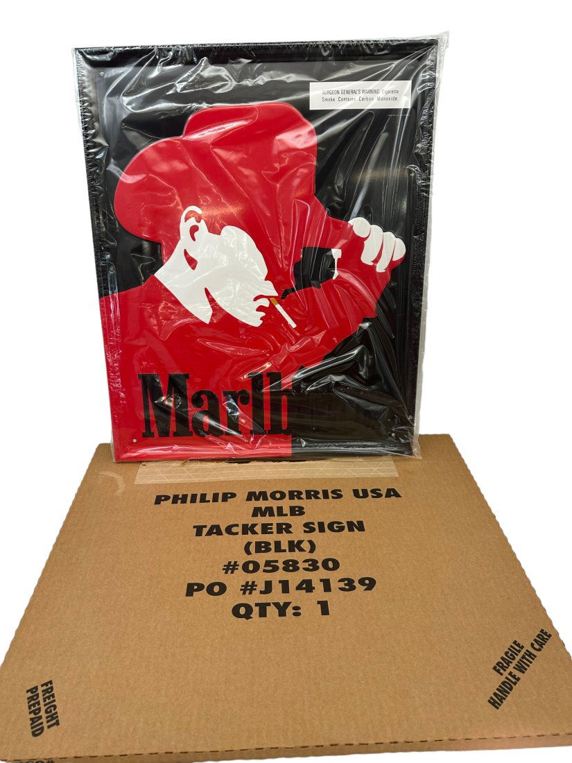 Philip Morris Tacker Metal Black Sign 1997 Marlboro Man: New in box. Still in plastic. 21.5 x 17.5 inches. I opened sealed box to take pictures.