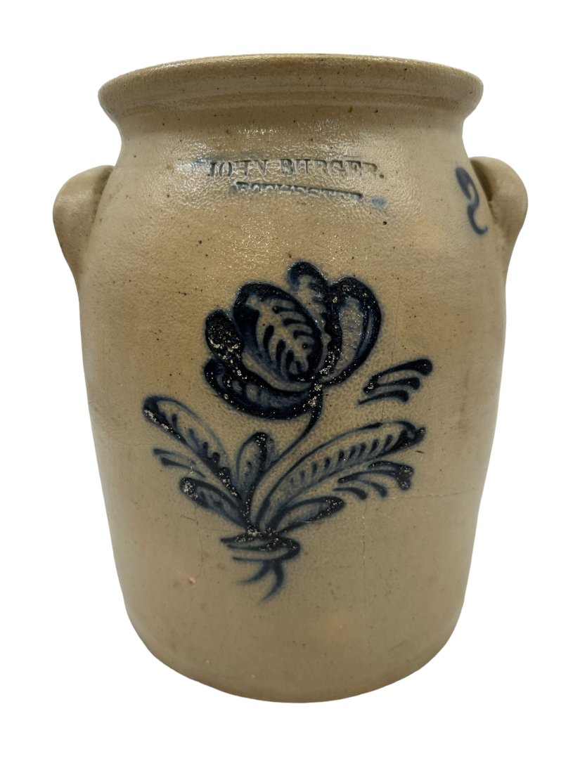 John Burger Rochester 2 Gallon Decorated Crock: Several hairline cracks. See photos. 11 inches tall.