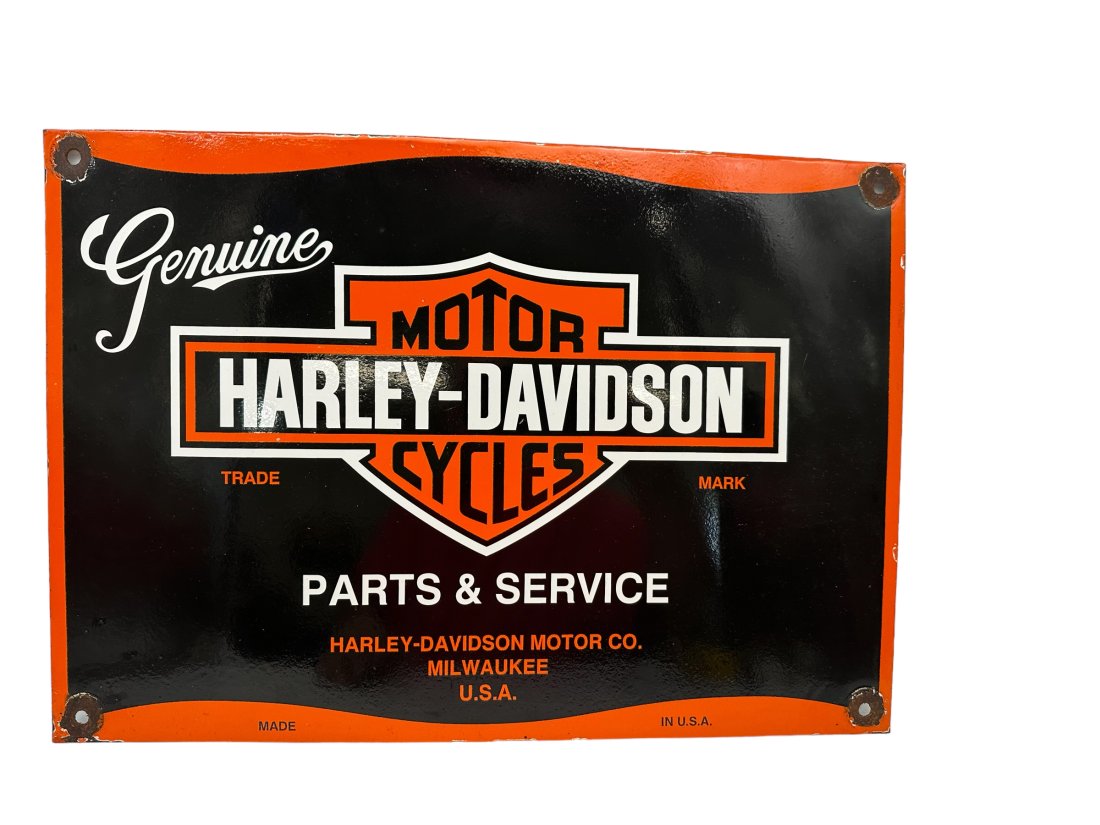 Genuine Harley Davidson Motorcycles Parts & Service Porcelain Sign: Good condition. Rust around mounting holes. Single sided porcelain sign. A slight contoured bend to sign. Measures 19.75 x 13.75 inches.