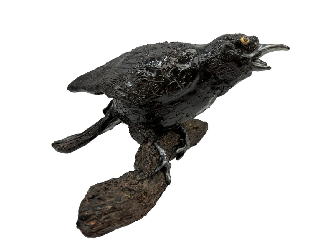 Black Crow On Stump Folk Art Pottery ~ Unknown Signature (1 of 3)