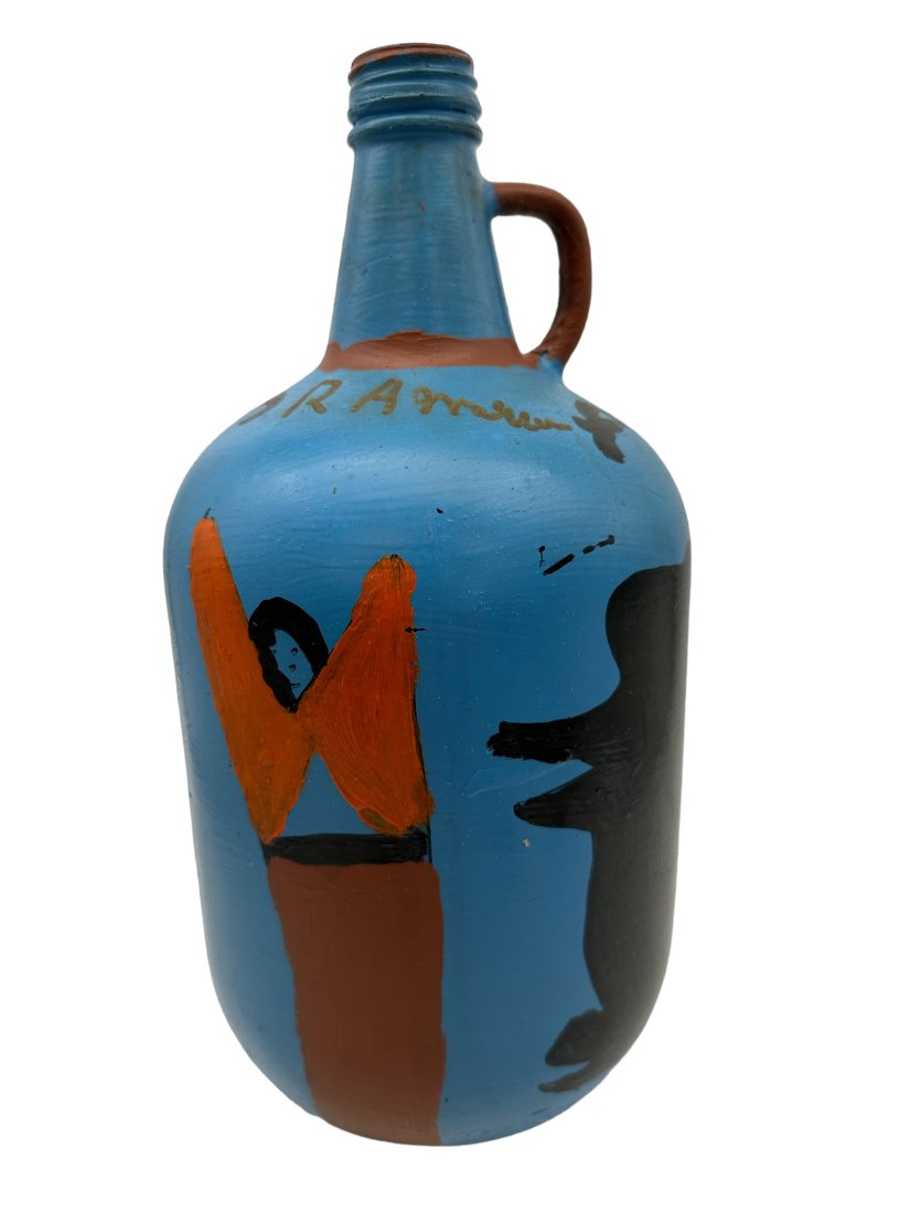 R.A. Miller Painted Folk Art Glass Jug ~ Devil Angel Snake Signed (1 of 5)