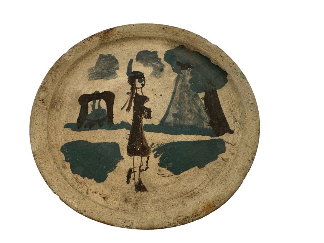 Cleater Meaders Sr Folk Pottery Plate Hand Painted By Deborah C Holland: Chips around rim with small firing crack. 9 inches across. Signed on back with marker.