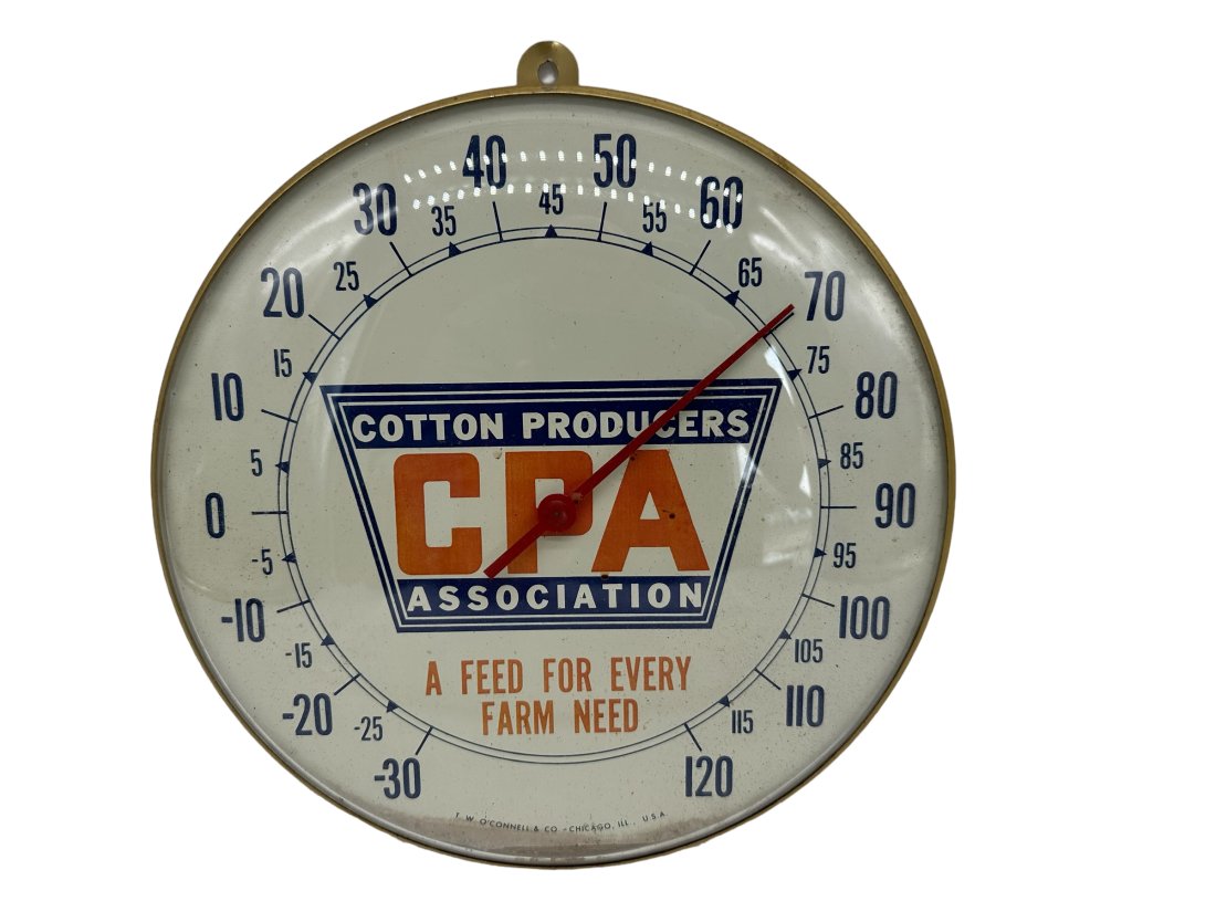 Vintage CPA Cotton Producers Association Metal Thermometer Sign: Metal casing with glass bubble front.Measures 10 inches across. Minor signs of wear.Functions like it should.By T.W. O'Connell & C0. Chicago ILL.