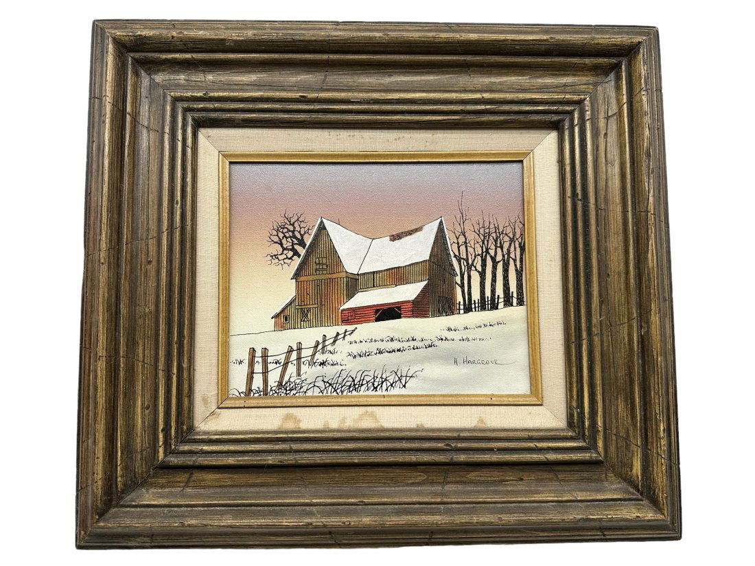 Framed Barn Scene Oil On Canvas Signed H. Hargrove (1 of 3)