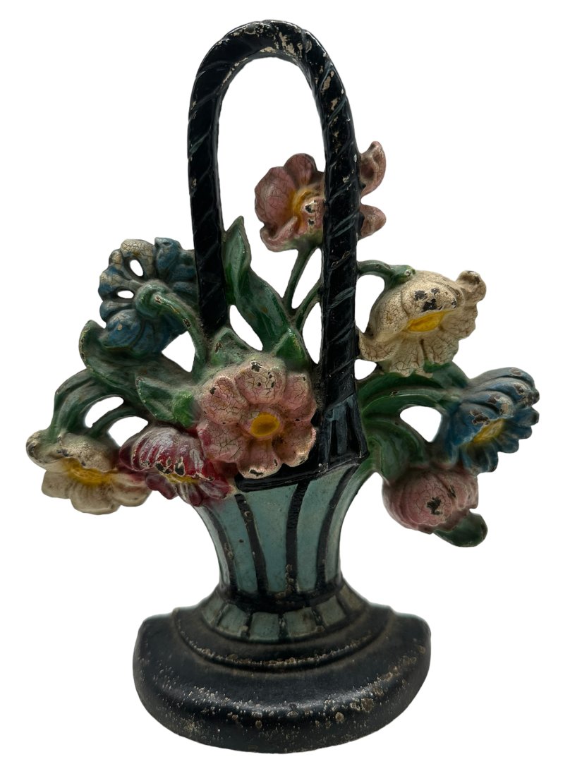 Antique Cast Iron Door Stop Marked 182: Used condition with chippy paint. Measures 9 inches tall.