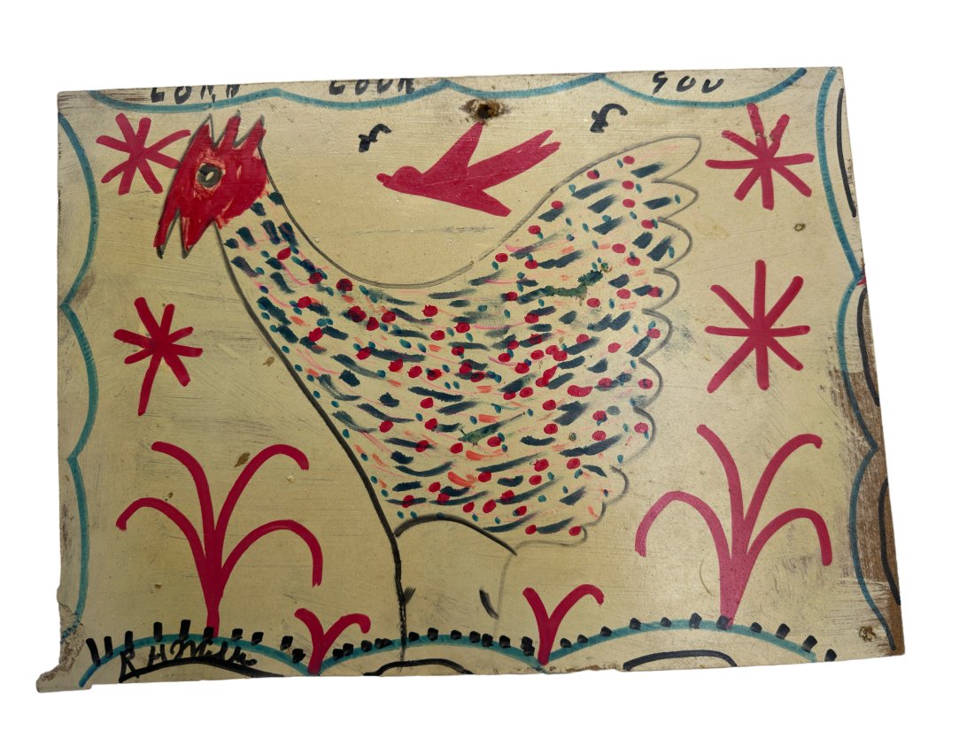 R.A. Miller Folk Art Painting On Board: 16 x 12 inches. Mounting hole in top center.