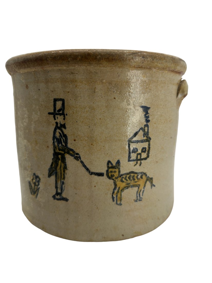 Decorated Crock With Man & Dog: Good condition. Cobalt decoration has been applied after firing. Measures 7.25 inches tall.