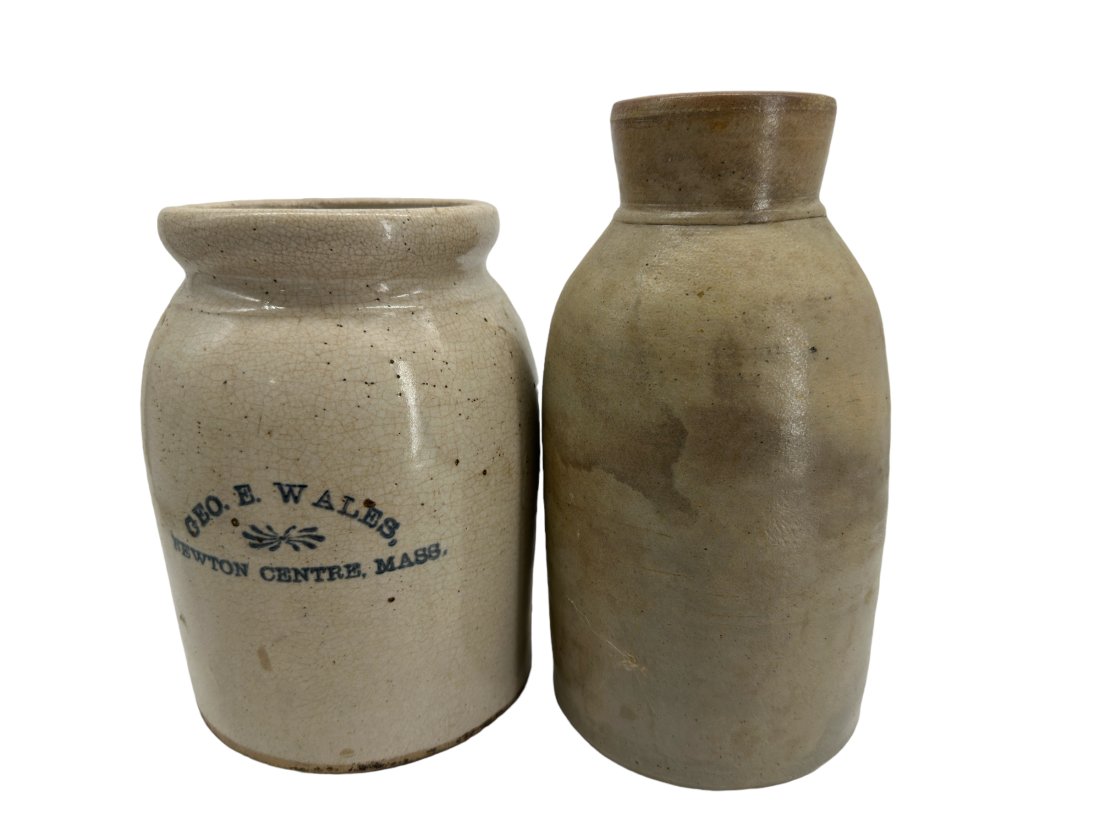Pair Storage Jars Geo. E Wales: Both with chips and hairline cracks. Tallest one measures 8 inches tall