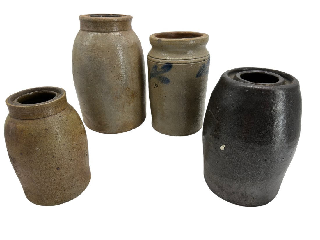 Lot Of 4 Unmarked Ironstone Storage Jars: Both with chips and hairline cracks. Tallest one measures 7.5 inches tall
