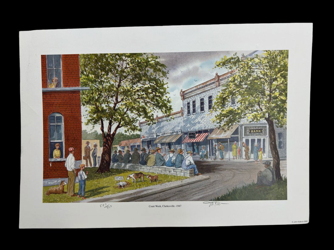 John Kollock Print COURT WEEK, CLARKESVILLE 1947 Signed #557/750: Good condition. Unframed. Measures 13 x 19 inches.