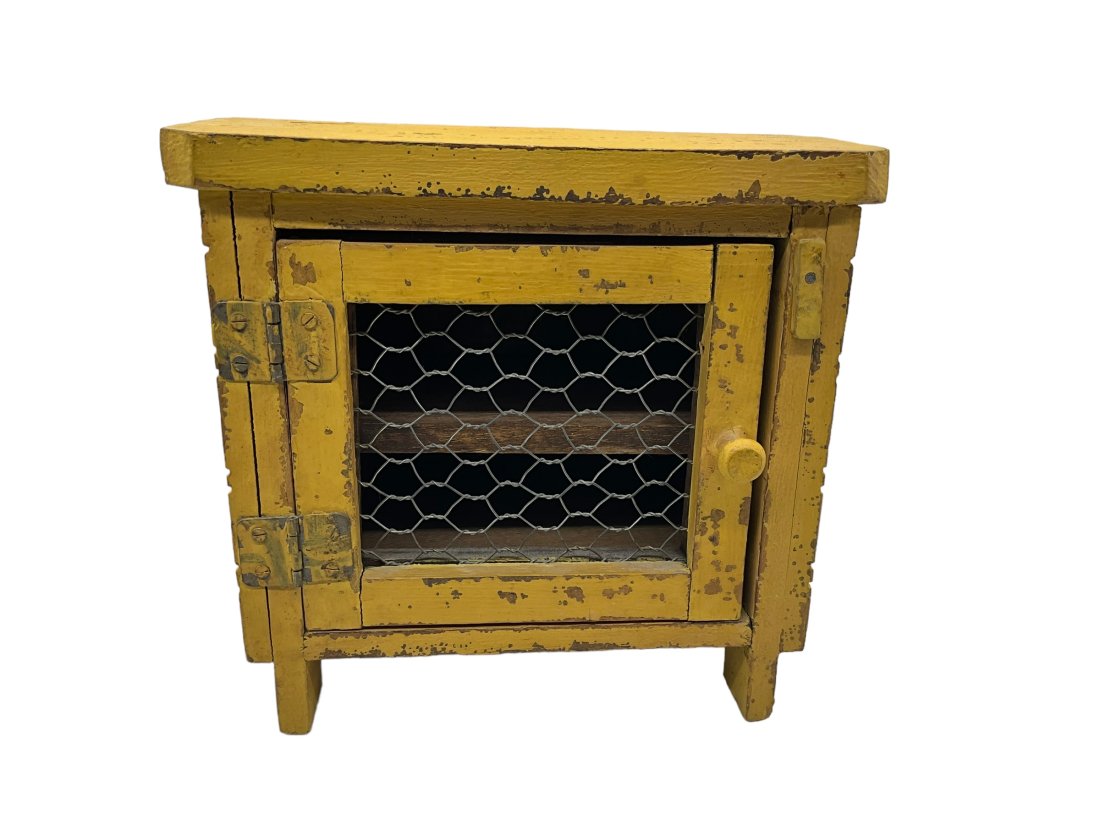 Hand Made Small Wooden Wire Front Cabinet: Measures 8.50 inches wide x 6 inches deep x 8.25 inches tall.Good vintage condition.
