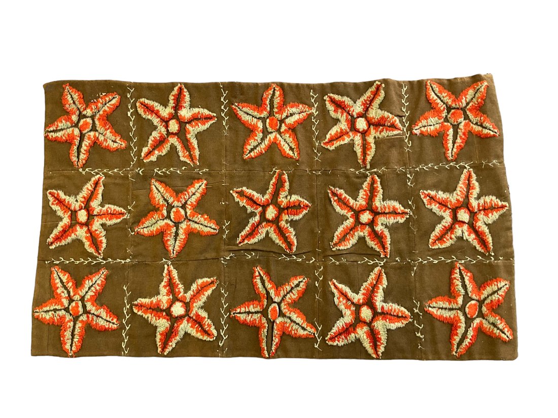 Mixed Art Hand Loomed Back w/ Hooked Embroidered Front: Measures 33.5 x 19.75 inches. Overall good condition.