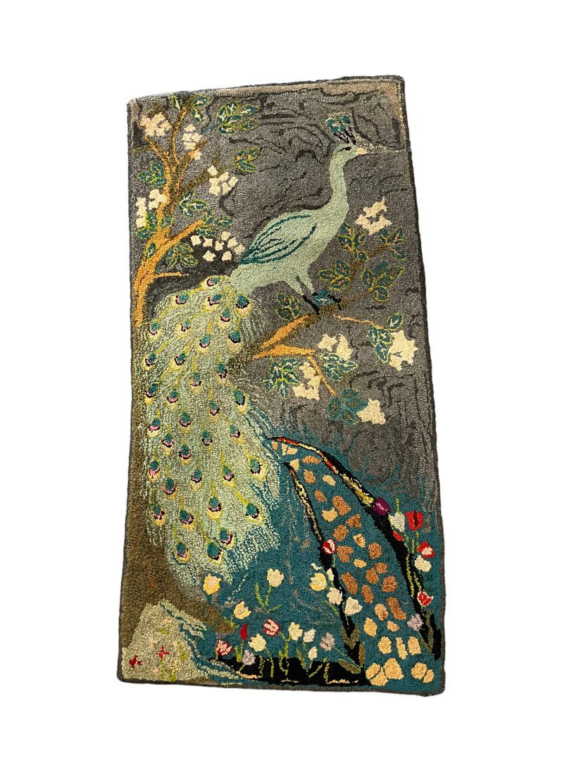 Very Old Hand Hooked Peacock Rug (1 of 3)