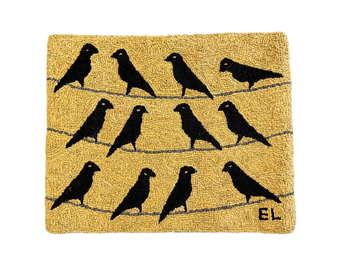 Vintage Hand Hooked Rug Black Crows Signed EL ? (1 of 2)