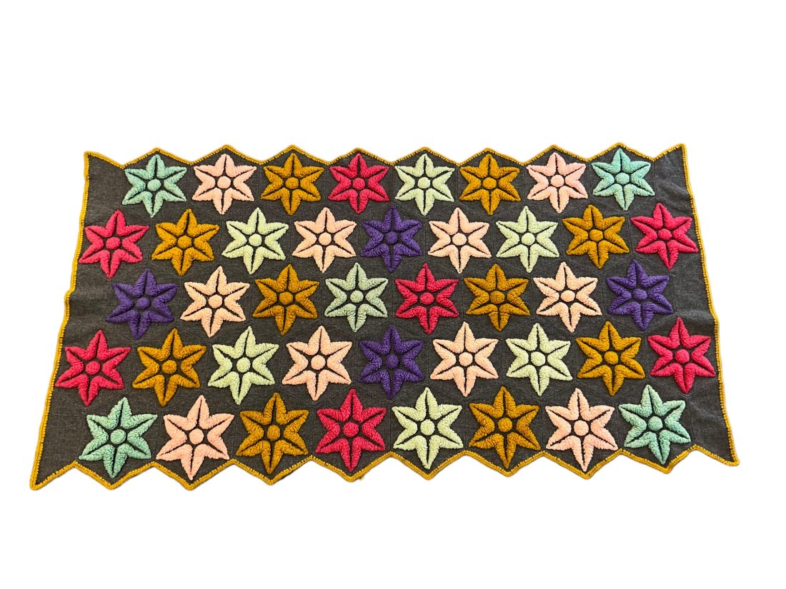 Machine Sewn Wool Hand Hooked Throw: Good condition. Measures 59 x 33 inches.