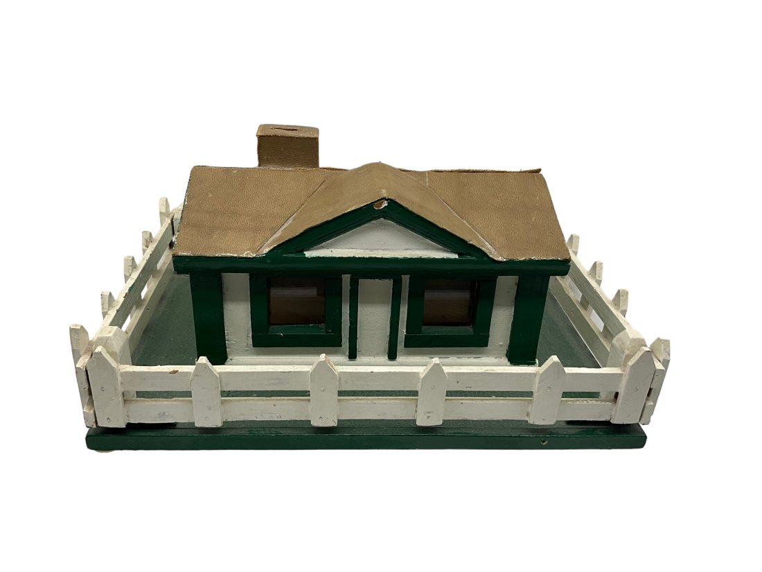 Hand Made Wood Fenced In House: Good condition. 2 Pieces. Base measures 14 inches wide x 9.5 inches deep.