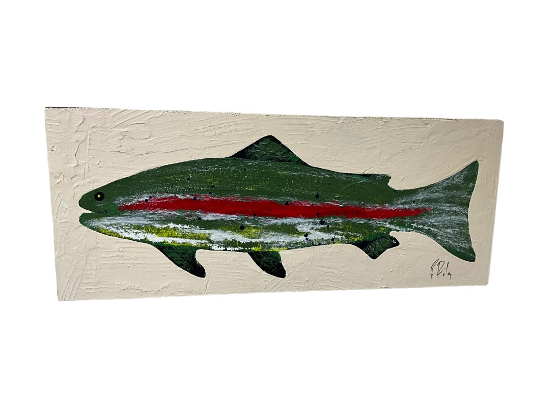 Paul Emerson Riley Folk Art Trout Painting On Board: Signed in corner. Measures 29 x 11.5 inches.